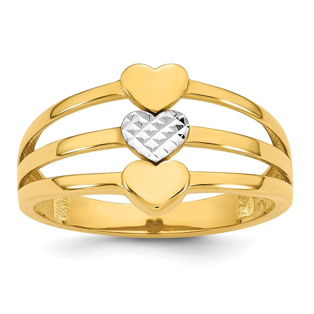 14K Yellow Gold w/White Rhodium Polished & Diamond-Cut Three Hearts Ring Size 7