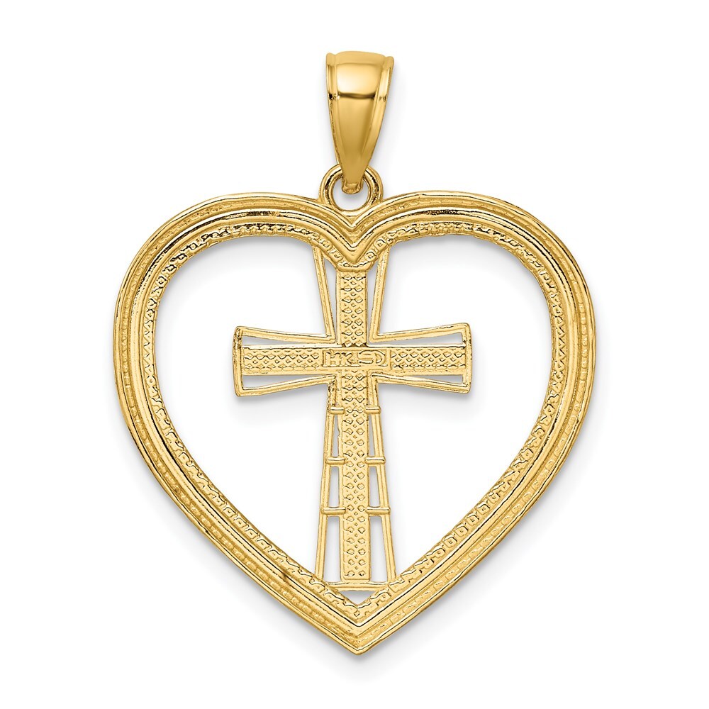 14k Yellow Gold & White Rhodium Heart White Cross In Center Charm Pendant