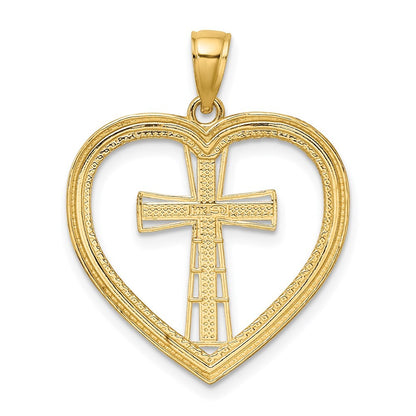 14k Yellow Gold & White Rhodium Heart White Cross In Center Charm Pendant