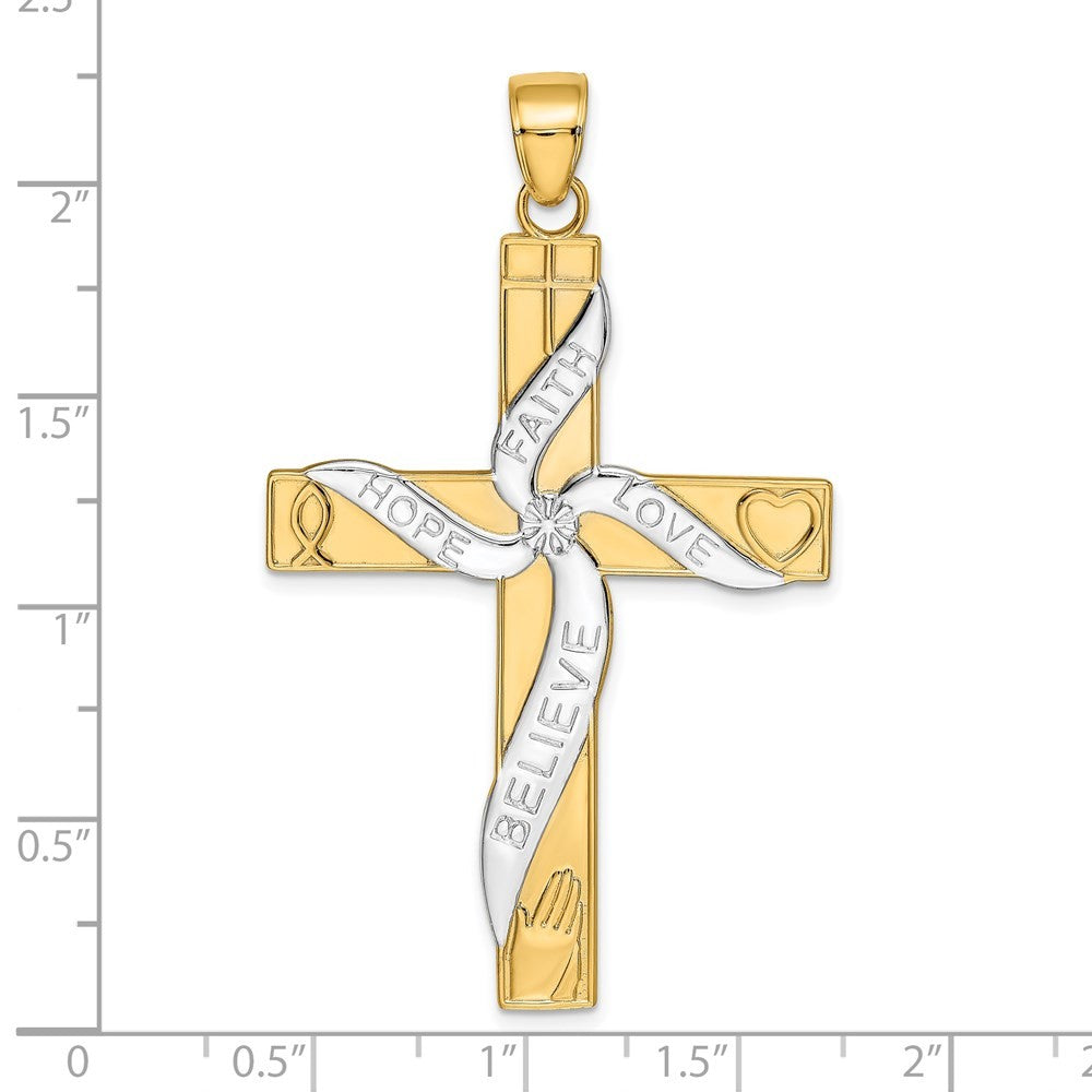 14k Yellow Gold w Rhodium HOPE FAITH LOVE BELIEVE Cross Pendant