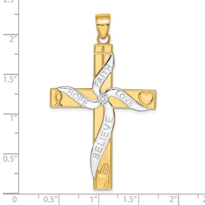 14k Yellow Gold w Rhodium HOPE FAITH LOVE BELIEVE Cross Pendant