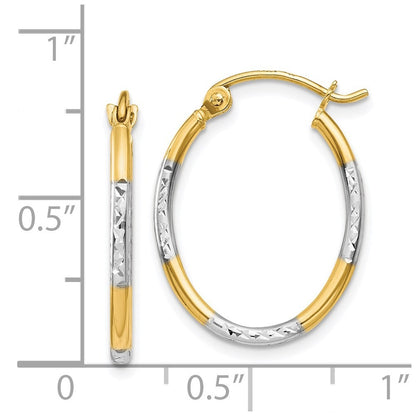14k Yellow Gold w/White Rhodium Diamond Cut Oval Hoop Earrings