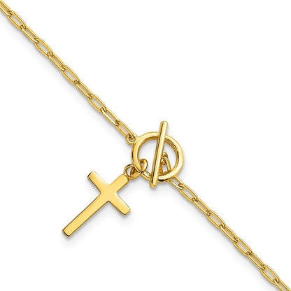 Sterling Silver Gold-tone  Cross Dangle Paperclip Link 6.5" with 1" Ext Bracelet