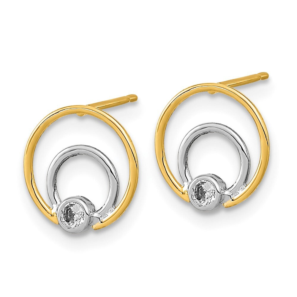 14k Yellow Gold Polished Rhodium Cubic Zirconia Double Circle Stud Earrings
