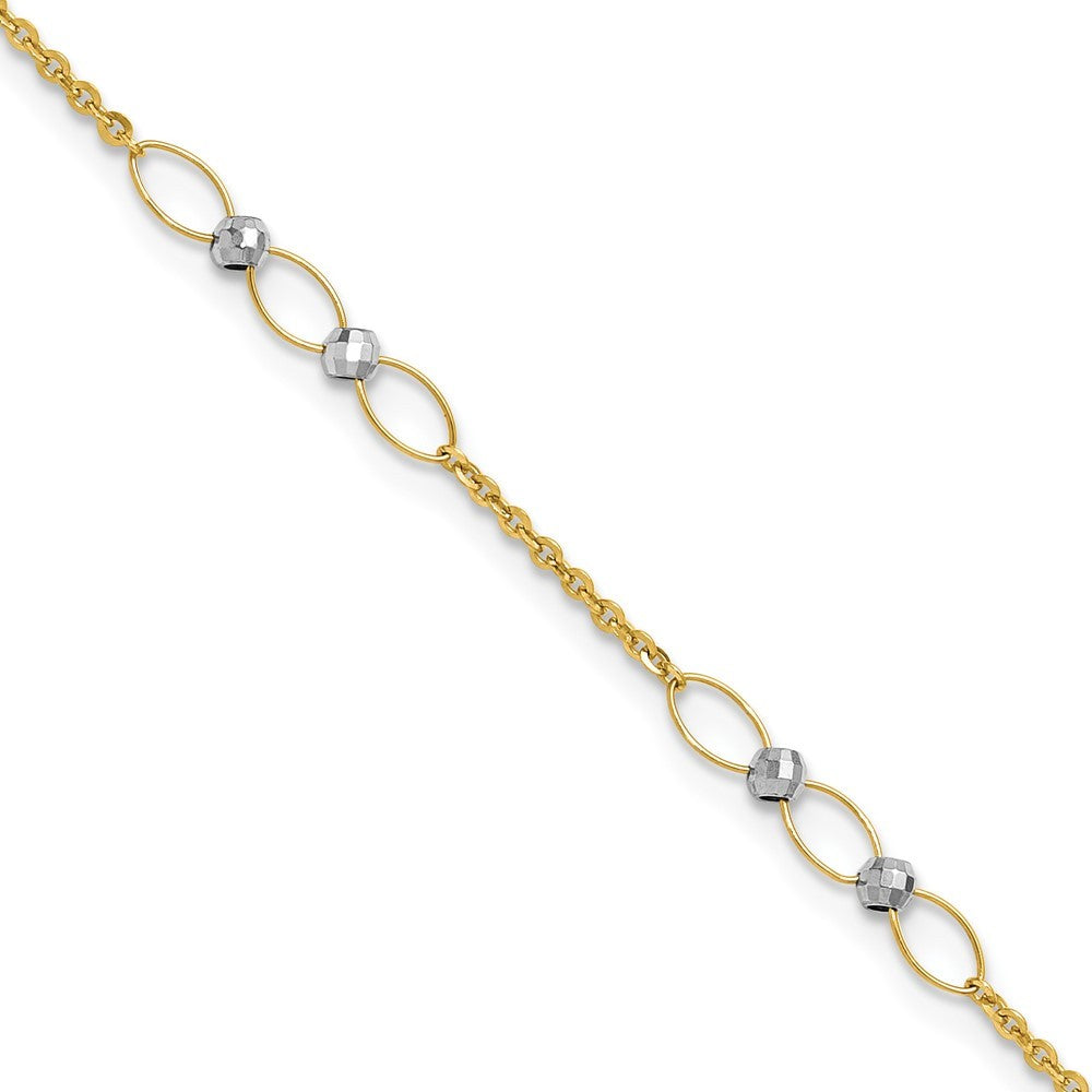 14k Two-tone Oval Links and Mirror Beads 10" Anklet