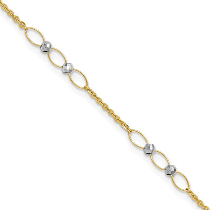 14k Two-tone Oval Links and Mirror Beads 10" Anklet