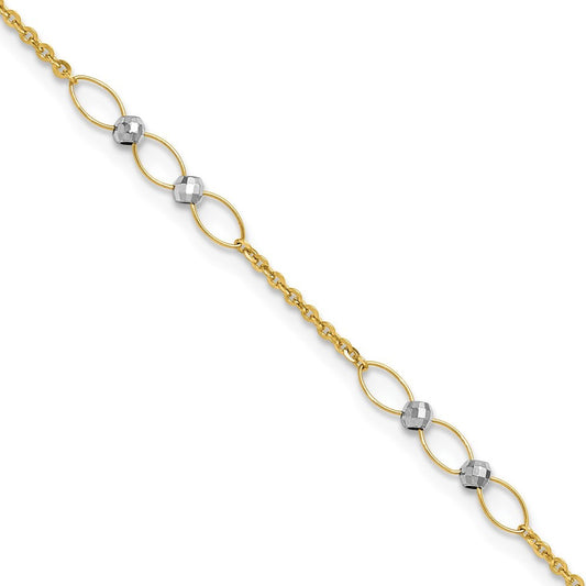 14k Two-tone Oval Links and Mirror Beads 10" Anklet