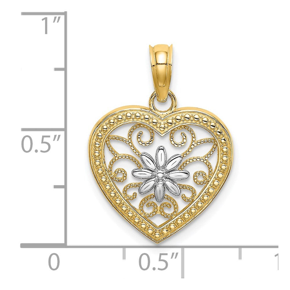 14k Yellow Gold and White Rhodium Textured Flower Filigree Heart Charm