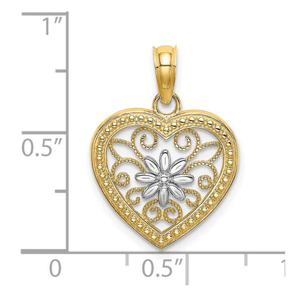 14k Yellow Gold and White Rhodium Textured Flower Filigree Heart Charm