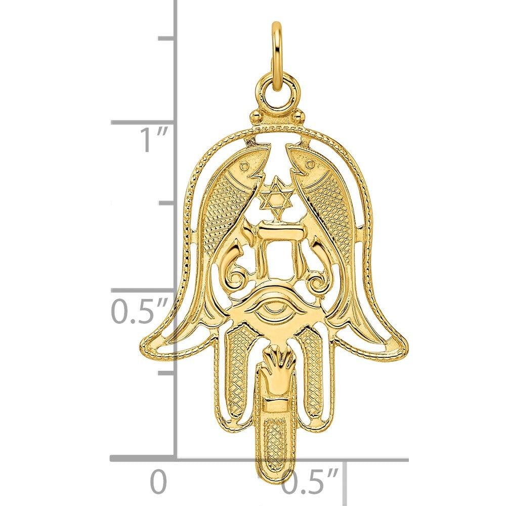 14k Yellow Gold Polished & Textured Solid Hamsa Pendant