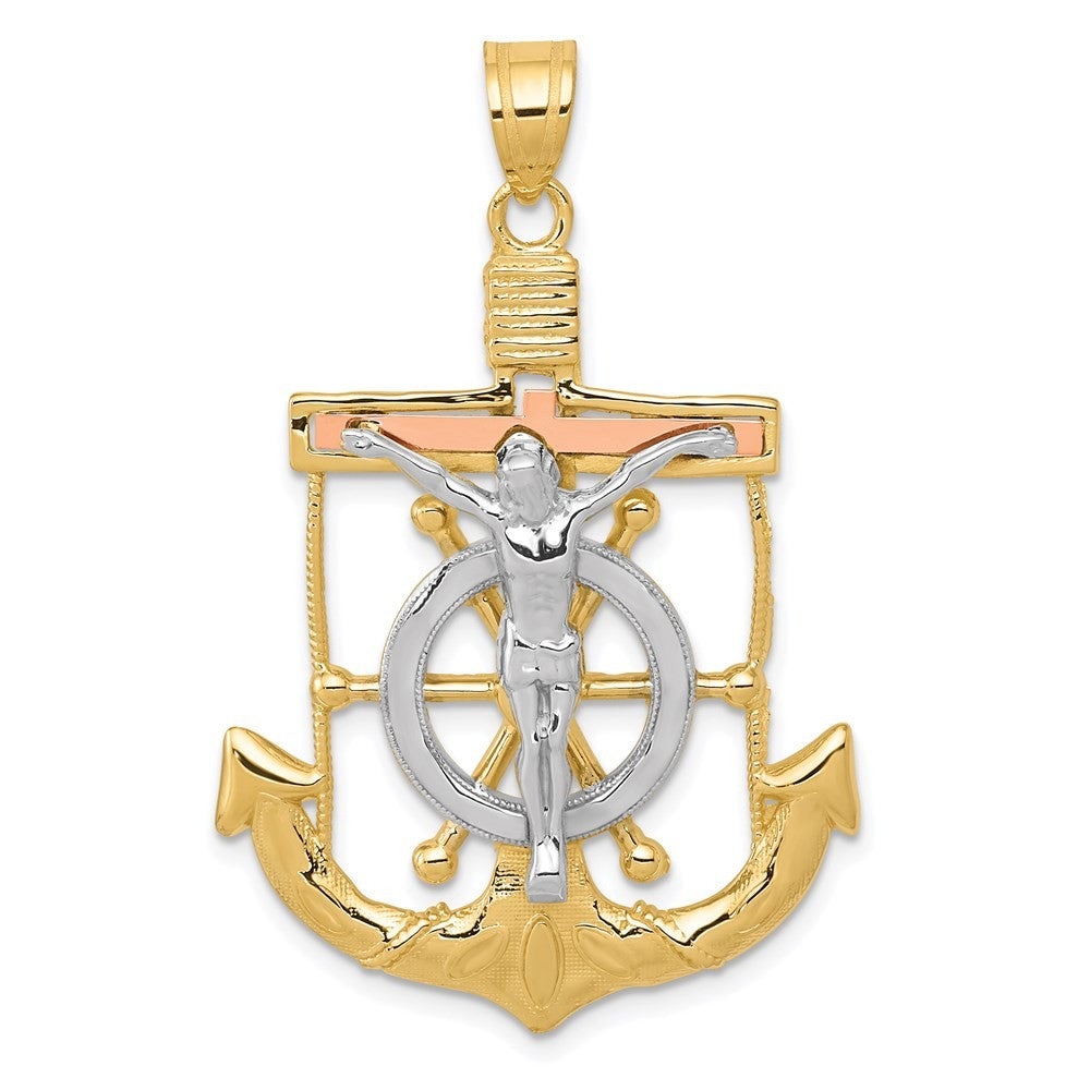 14k Tri-Color Gold Diamond-cut w Textured Mariner's Cross Pendant