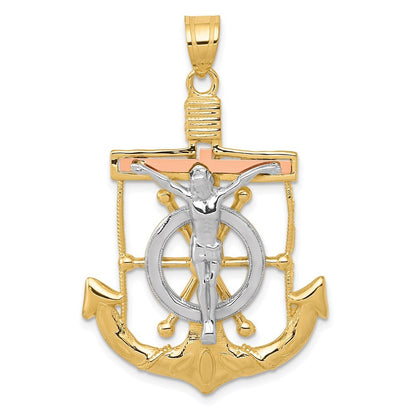 14k Tri-Color Gold Diamond-cut w Textured Mariner's Cross Pendant