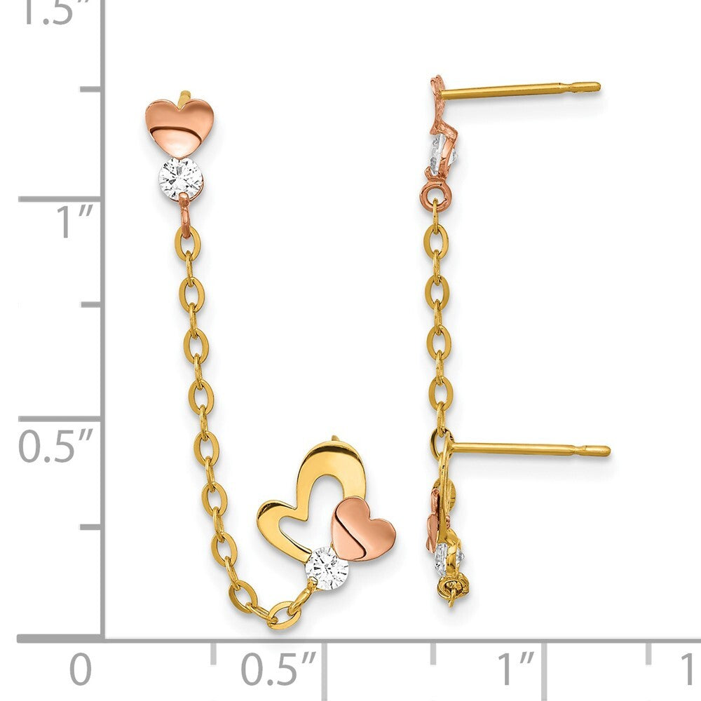 14k Two-tone Gold Cubic Zirconia Double w/Chain Heart Earring