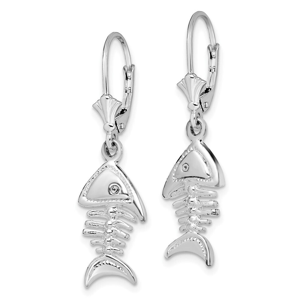 Sterling Silver Rhodium-Plated Polished 3D Fishbone Leverback Earrings