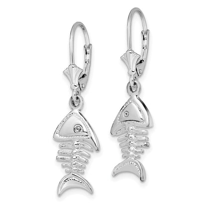Sterling Silver Rhodium-Plated Polished 3D Fishbone Leverback Earrings