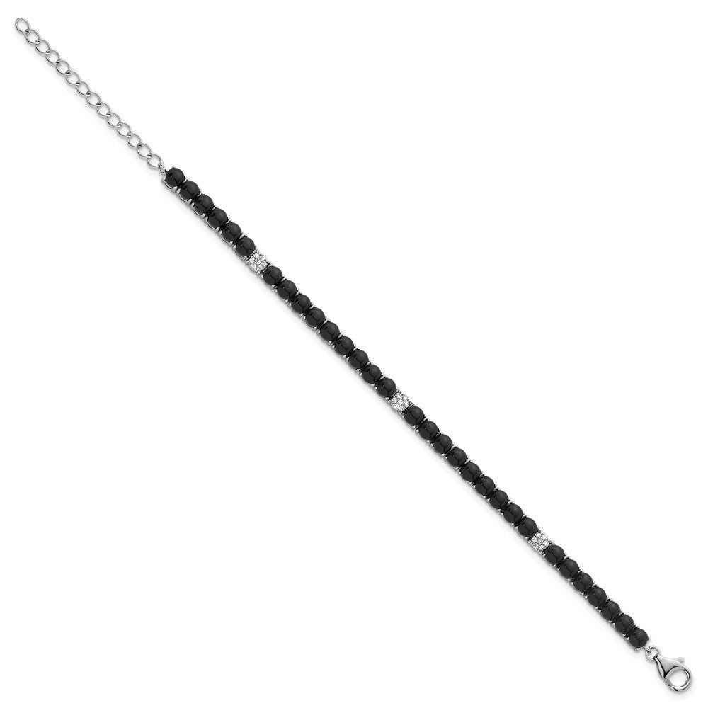 Sterling Silver Rhodium-plated Pave CZ and Onyx Bracelet 7.5" with 1.5" Ext