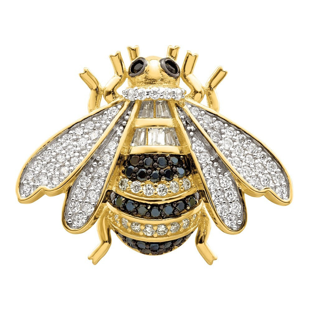 Sterling Silver Blk/White RH-plated Gold Tone CZ Bumblebee Ring Size 7