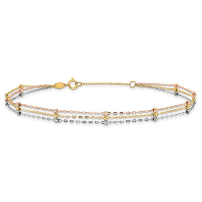 14k Tri-color 3-Strand Diamond-cut Beaded 9-Station 10" Anklet