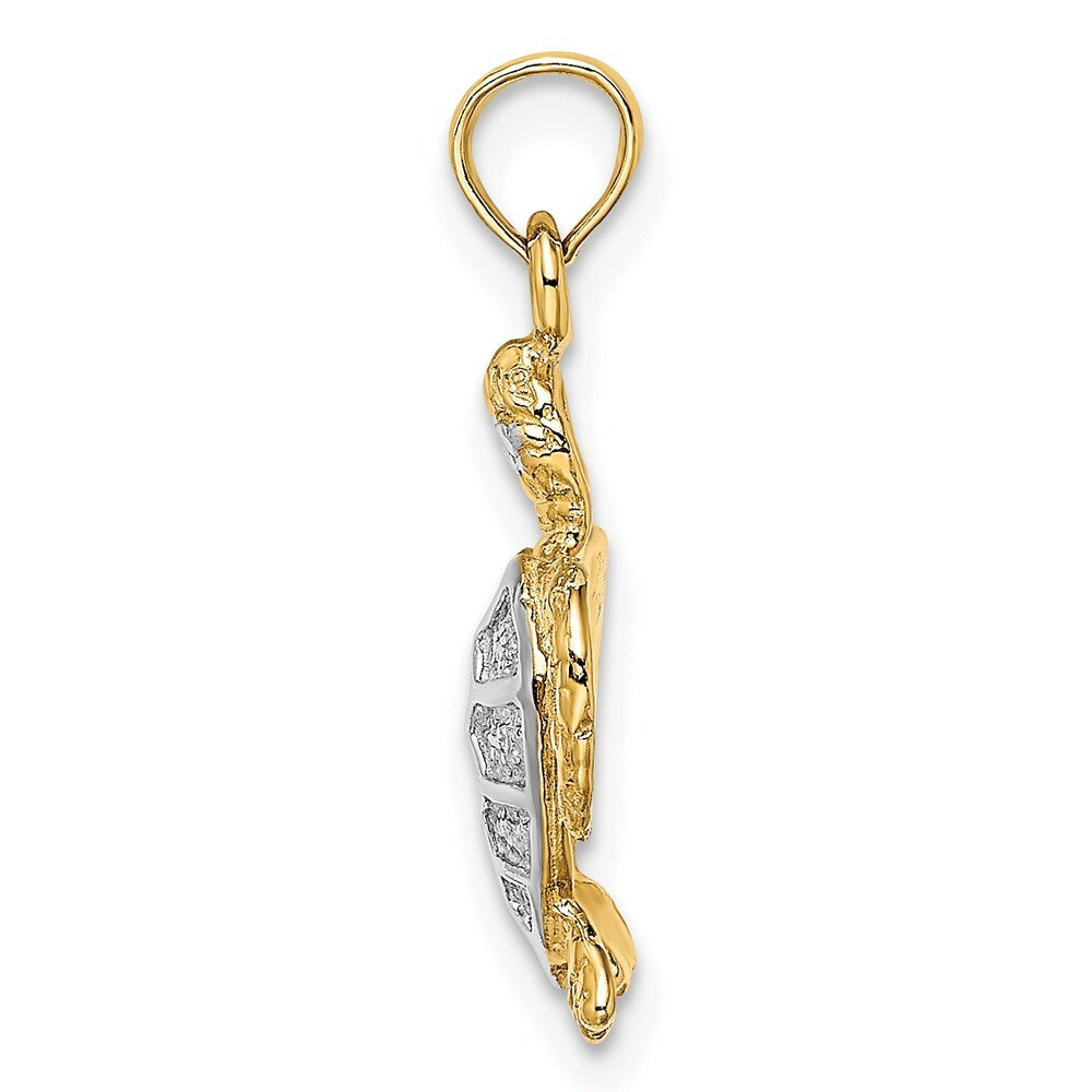 14k Yellow Gold with White Rhodium Swimming Sea Turtle Charm Pendant for Women