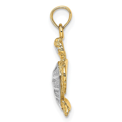 14k Yellow Gold with White Rhodium Swimming Sea Turtle Charm Pendant for Women