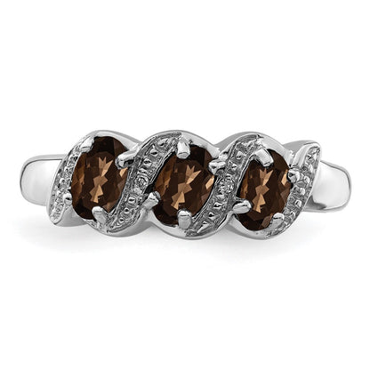 Sterling Silver Rhodium 3 Stone Smoky Quartz & Diamond Ring Size 6
