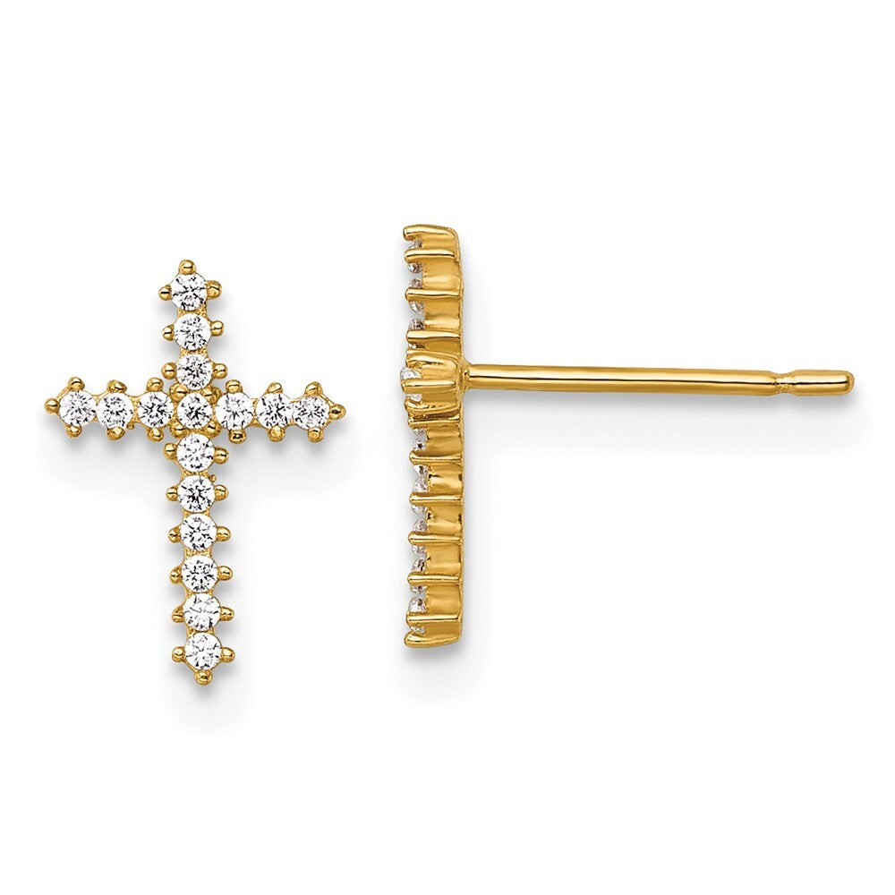 14k Yellow Gold Polished Cubic Zirconia Cross Stud Earrings Gift for Women