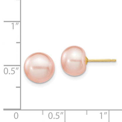 14k Yellow Gold 8-9mm Pink Button Freshwater Cultured Pearl Stud Earrings