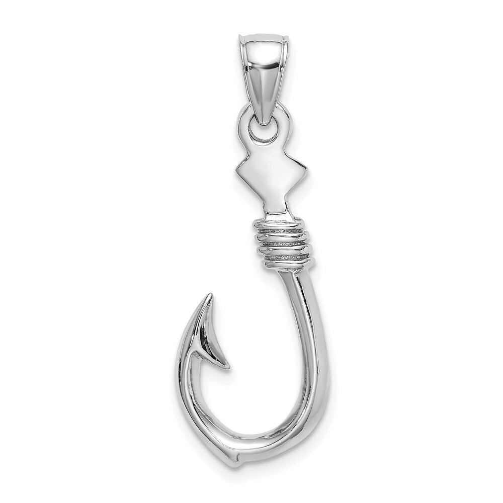 14k White Gold 3-D Large Fish Hook with Rope Charm Pendant for Women