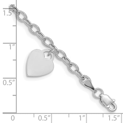 14k White Gold 14x10mm Solid Dangle Heart Charm and Hollow Chain Bracelet 8.5"