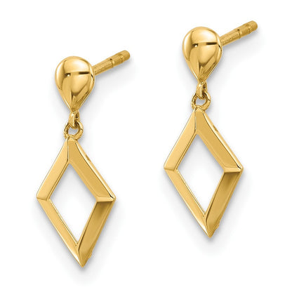 14k Yellow Gold Polished Diamond Shaped Dangle Earrings Gift for Women