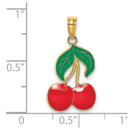 14k Yellow Gold W/ Enamel Cherries With  Leaf Charm