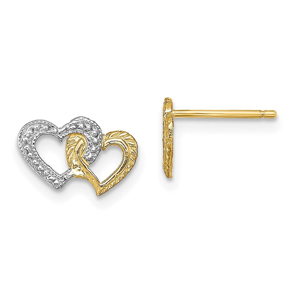 14k Yellow Gold White Rhodium Polished Intertwined Hearts Stud Earrings