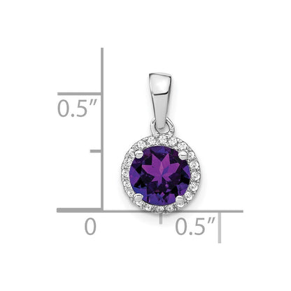 14k White Gold 6.5mm Round Amethyst and Diamond Halo Pendant