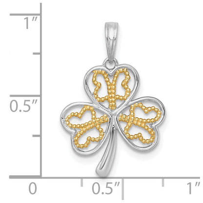 14k Yellow Gold with White Rhodium Polished Fancy 3 Leaf Clover Charm Pendant