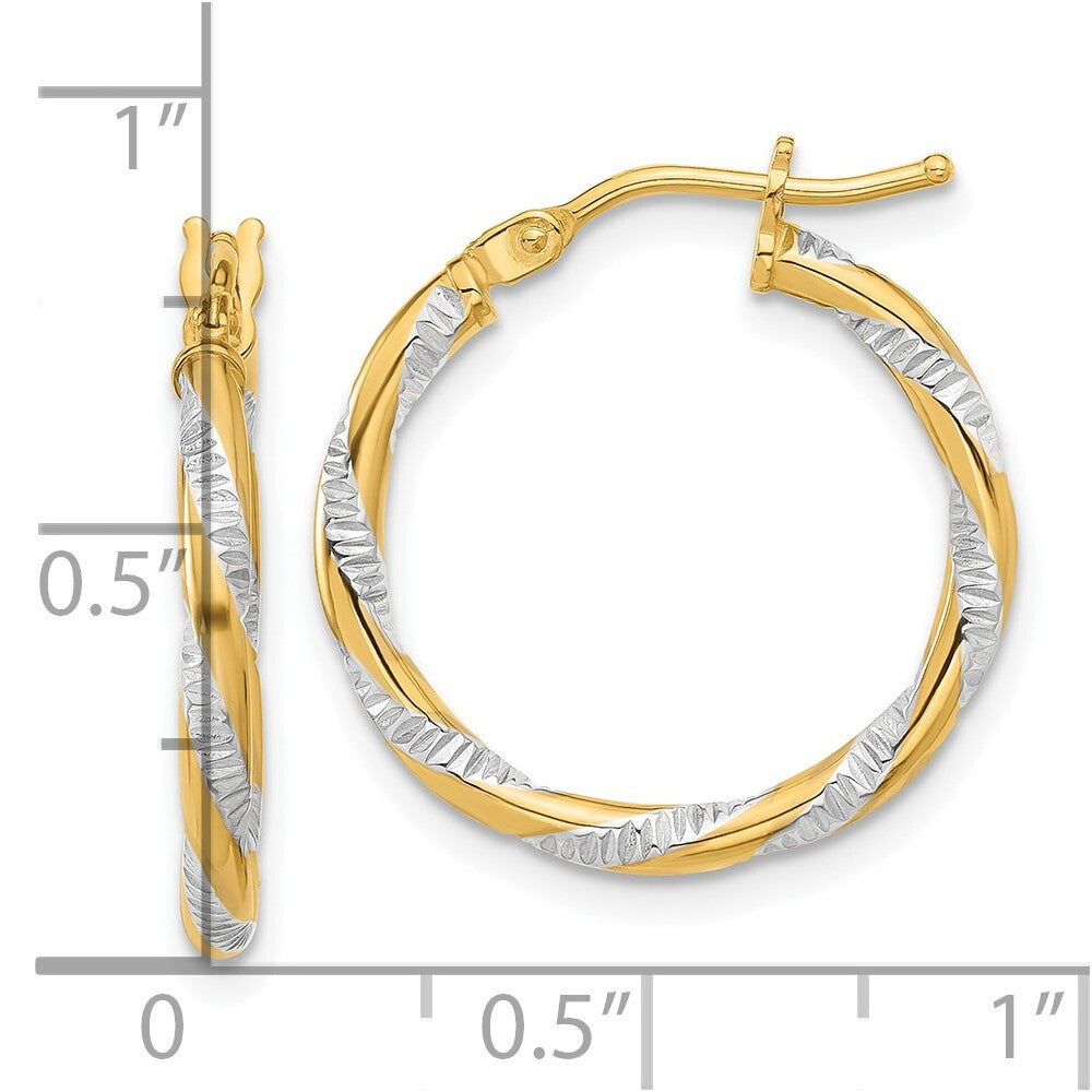 14k Yellow Gold and White Rhodium Polished Diamond-cut Hoop Earrings