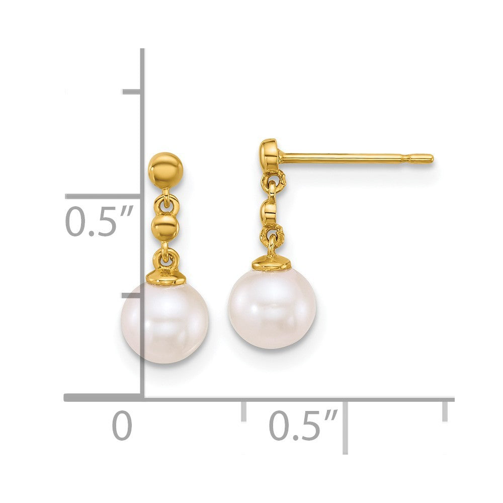 14k Yellow Gold Polished 6-7mm Round Freshwater Cultured Pearl Dangle Earrings