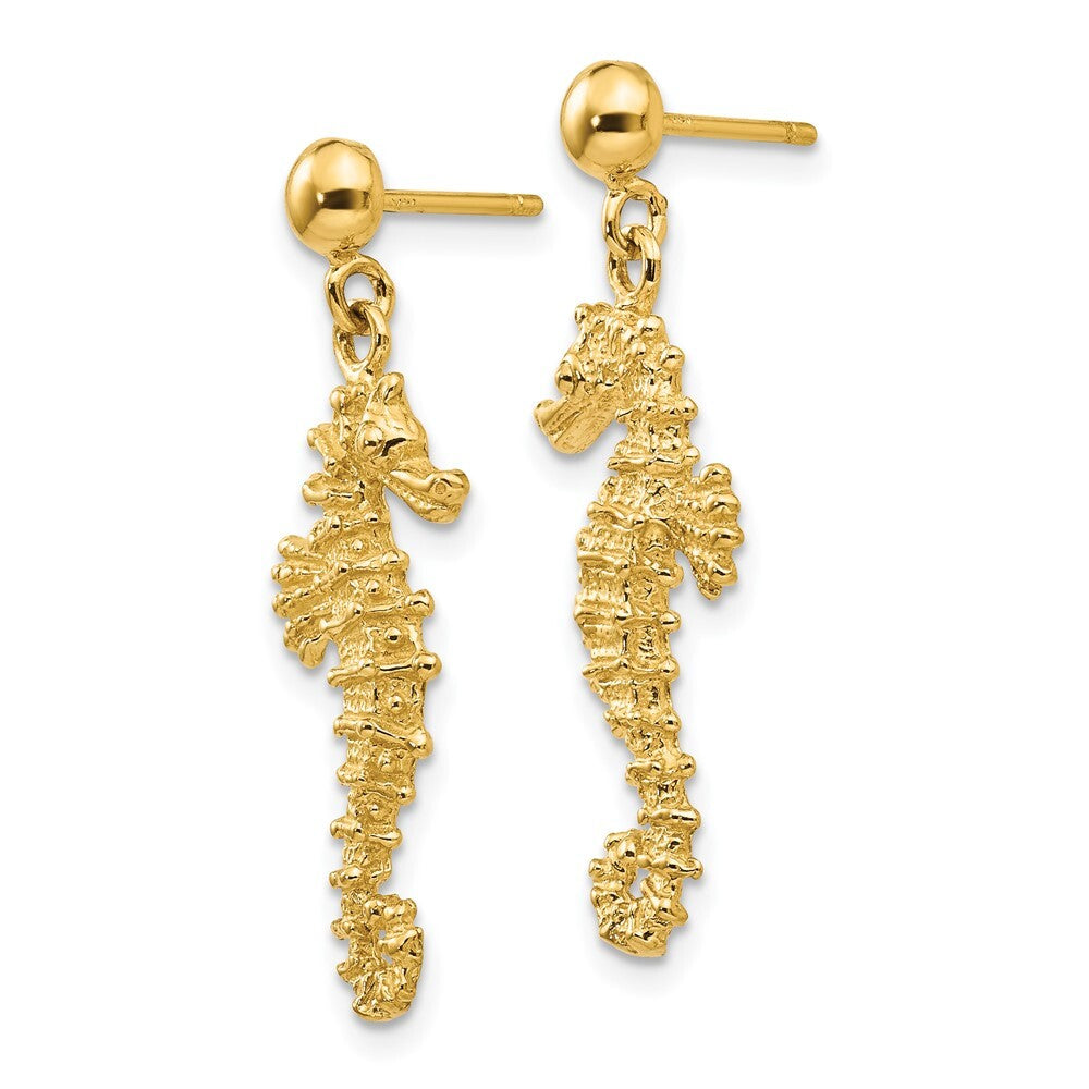 14k Yellow Gold Large Seahorse Dangle Post Earrings