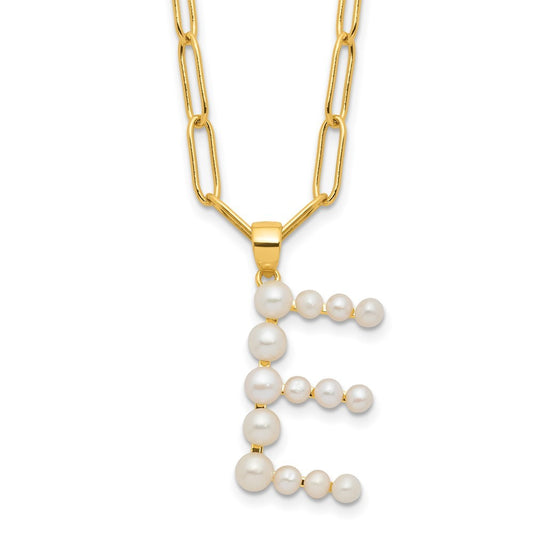 Sterling Silver 3-6mm White Button Cultured Pearl LETTER E Necklace 18"