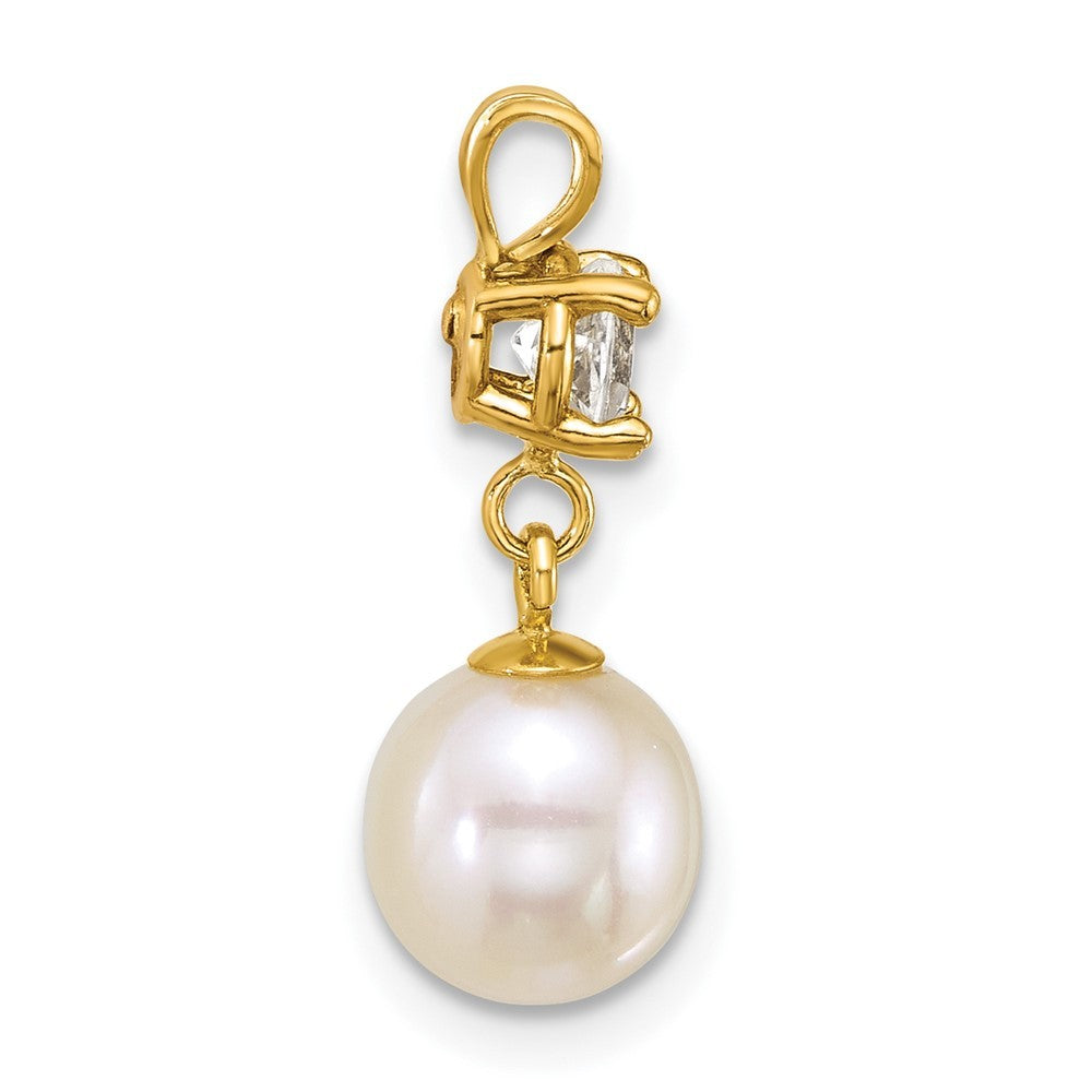 14k Yellow Gold 7-8mm Round White Cultured Pearl Dangle and White Topaz Pendant