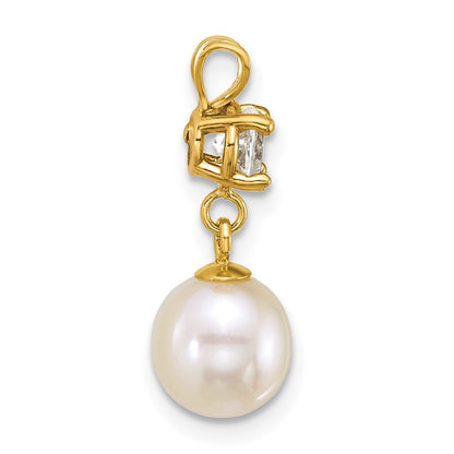 14k Yellow Gold 7-8mm Round White Cultured Pearl Dangle and White Topaz Pendant