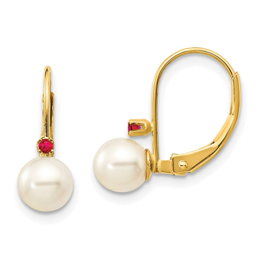 14k Yellow Gold 5-5.5mm White Round FW Cultured Pearl Ruby Leverback Earrings