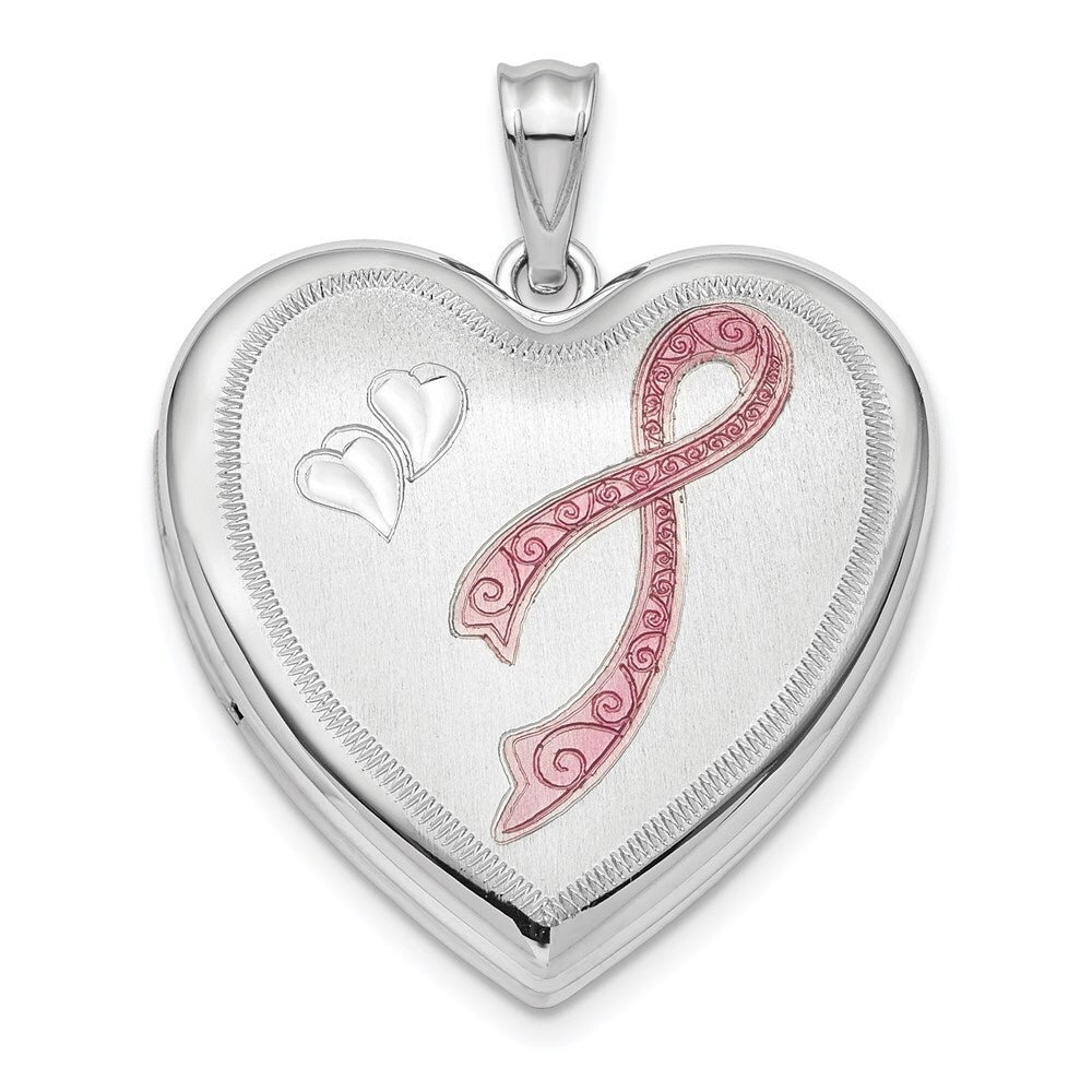 Sterling Silver 24mm Enamel & Diamond-cut Pink Ribbon Ash Holder Locket