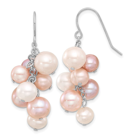 Sterling Silver 6-10mm Multicolor Near-Round Cultured Pearl Dangle Earrings