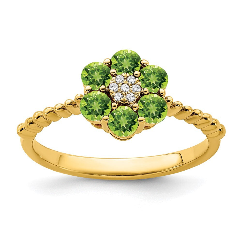 14K Yellow Gold Peridot and Diamond Floral Ring Size 7