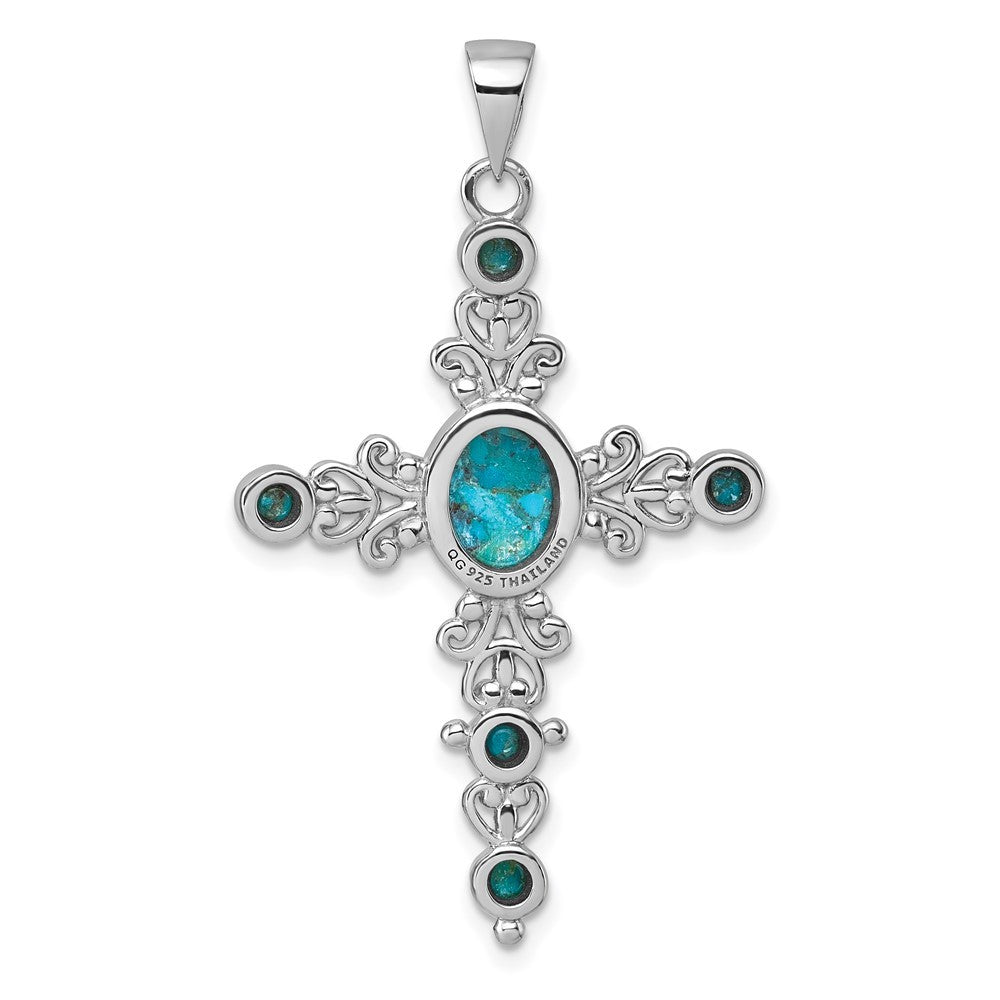 Sterling Silver Polished Compressed Turquoise Cabochons Fancy Cross Pendant