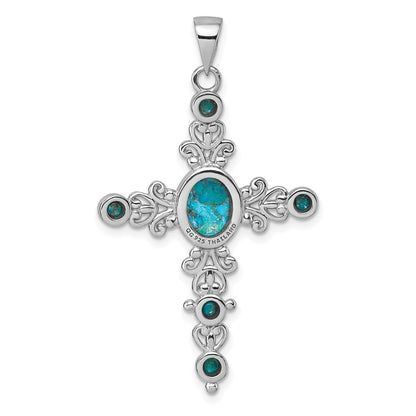 Sterling Silver Polished Compressed Turquoise Cabochons Fancy Cross Pendant
