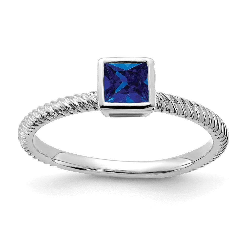 14k White Gold Square Bezel Sapphire Ring Size 7