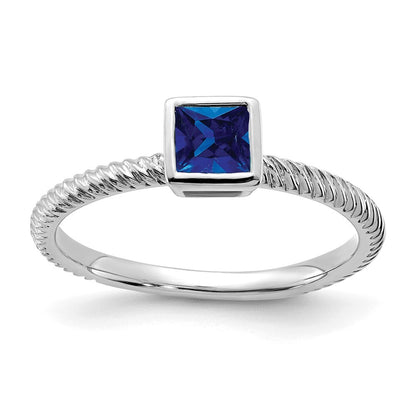 14k White Gold Square Bezel Sapphire Ring Size 7
