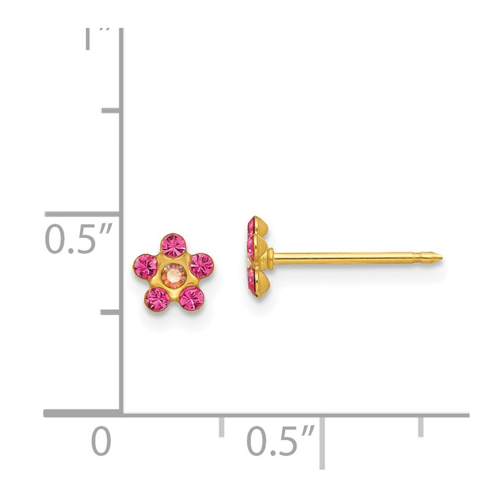 14k Yellow Gold October Pink Crystal Birthstone Flower Stud Earrings