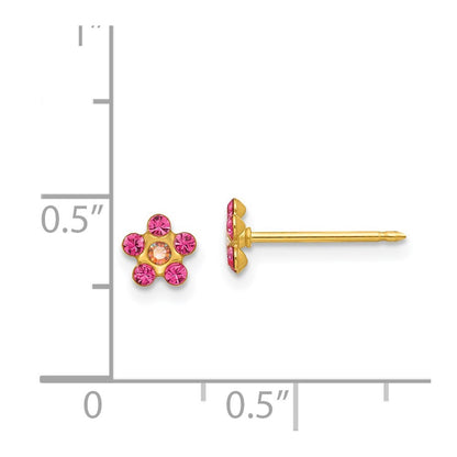 14k Yellow Gold October Pink Crystal Birthstone Flower Stud Earrings